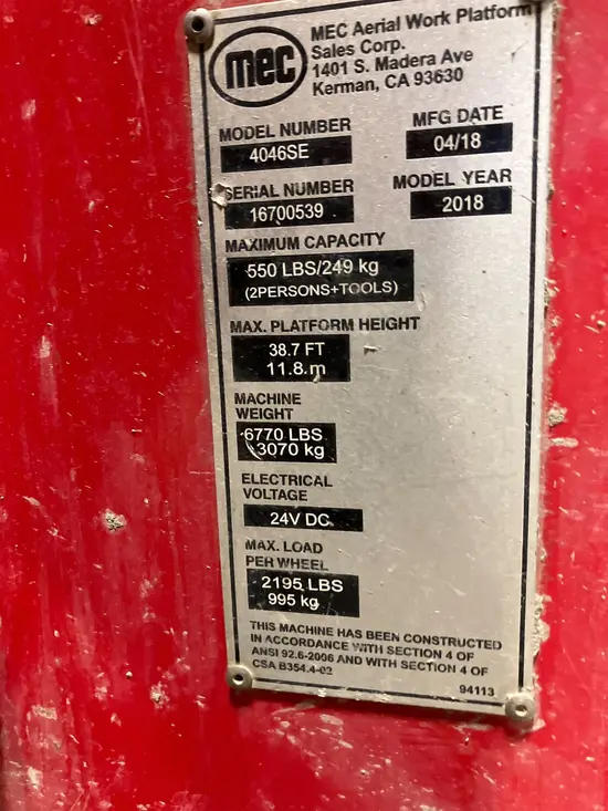2018 MEC 4046SE Scissor Lift