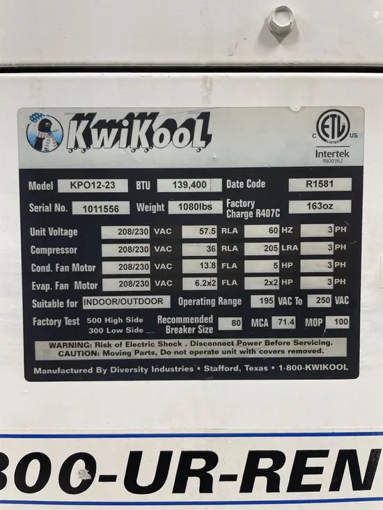 2017 KWIKOOL KPO12-23 Portable Air Conditioner