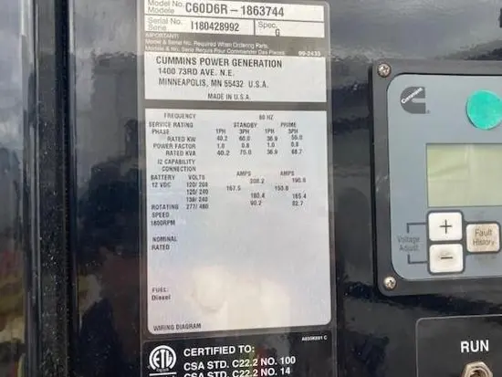 2019 Cummins C60D6R Diesel Generator
