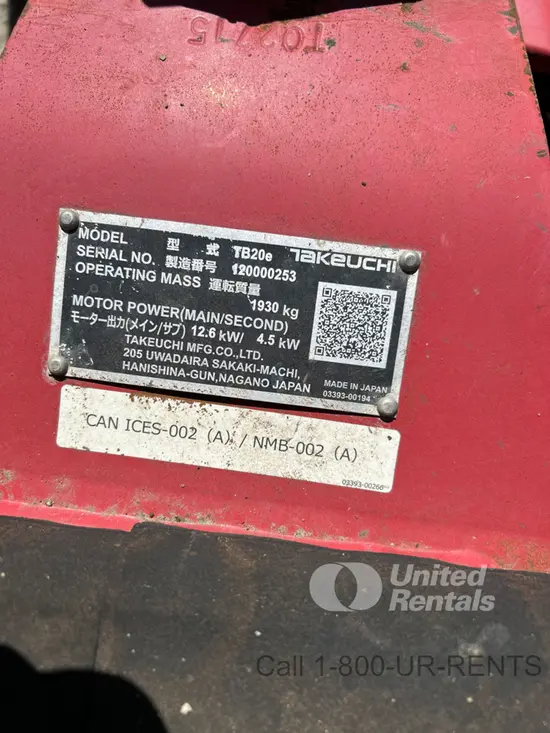 2023 Takeuchi TB20E Mini Excavator