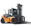 Side view of an orange and white Doosan warehouse forklift with a black lifting mast, black forks and pneumatic tires.