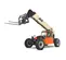 Front angled view of an orange and yellow JLG telehandler with extended boom, forklift attachment and enclosed cabin.