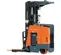 Side view of an orange and black stand-up electric Toyota warehouse forklift with orange forks and a black mast.