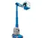 Side view of an extended blue and gray vertical mast lift with basket.