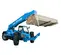 Front angled view of a blue Genie telehandler with extended boom and enclosed cabin lifting bundled wood.