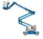 Side view of a partially extended blue articulating boom lift with narrow basket.
