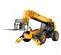 Front view of yellow JCB telehandler with extendable boom, stabilizers, fork attachments and an enclosed cabin.