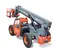 Rear angled view of an orange and grey Skyjack telehandler with retracted boom, forklift attachment and enclosed cabin.