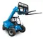 Front angled view of a blue Genie telehandler with extended boom and black fork attachment with an open cabin.