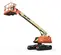Side angled view of an orange and beige JLG Lift boom lift with extended arm and basket.