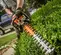 Orange Stihl hedge trimmer with 30 inch blade being used to cut hedges