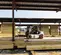 A white and black Bobcat D70 forklift, with an operator visible, moves past rows of stacked lumber under a long metal shed structure, captured with motion blur.