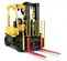 A yellow Hyster H50 forklift with black accents and bright red forks, shown from a front-right, slightly elevated angle on a white background.