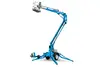Front view of blue Genie boom lift with extended arm, stabilizers and silver basket.