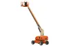Rear angled view of an orange and beige telescopic boom lift with extended arm and basket.