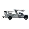 Side view of a white bucket truck featuring a United Rentals Logo with a mounted aerial lift, extendable boom and basket.