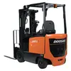 Rear angled view of an orange and black Doosan warehouse forklift with a black mast and forks and an open cabin.