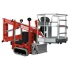 Front angled view of a red and gray Teupen atrium lift with platform and safety rails.