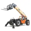 Front view of an orange and yellow JLG telehandler with extended boom, stabilizers, forklift attachment and enclosed cabin.