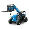 Front angled view of a blue Genie telehandler with extended boom and black fork attachment with an open cabin.