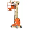 Side view of orange and beige JLG electric vertical mast lift with safety guardrails and compact base.