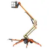 Side view of an orange and beige boom lift with extendable boom and stabilizers.
