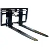 Front view of a black forklift fork attachment with two metal forks extended and a mounting frame.