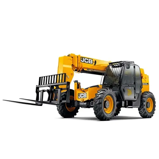 Front angled view of a yellow JCB telehandler with retracted boom, forklift attachment and enclosed cabin.