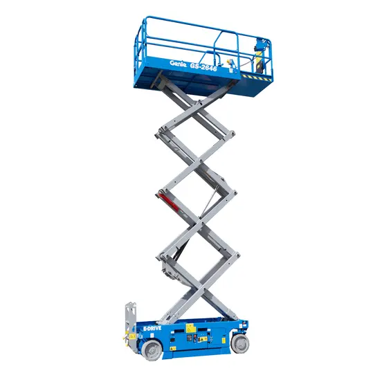 Side view of extended blue Genie scissor lift with a platform with safety rails.