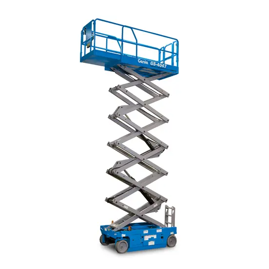 Front angled view of an extended blue Genie scissor lift with guardrails.