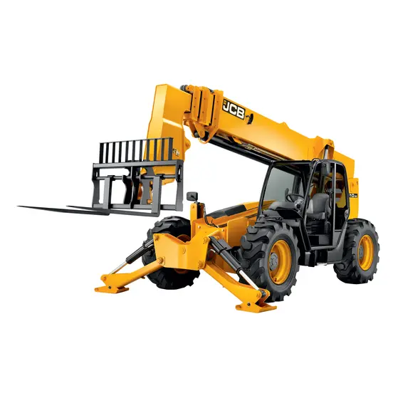 Front view of yellow JCB telehandler with extendable boom, stabilizers, fork attachments and an enclosed cabin.