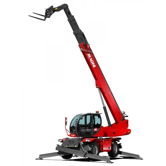 Front view of a red Magni telehandler with extended boom, stabilizers, fork attachments and enclosed cabin.