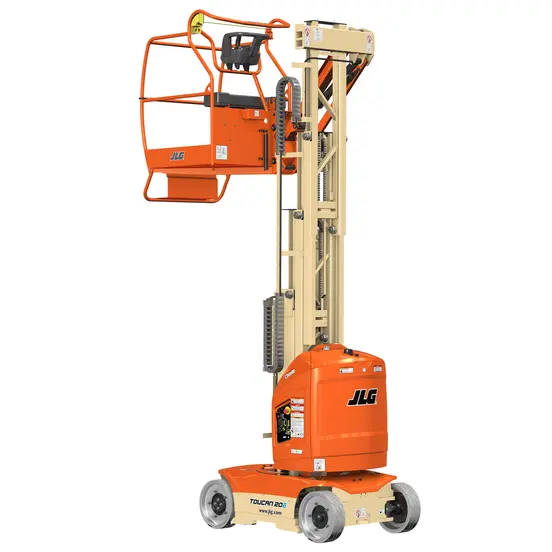 Side view of orange and beige JLG electric vertical mast lift with safety guardrails and compact base.