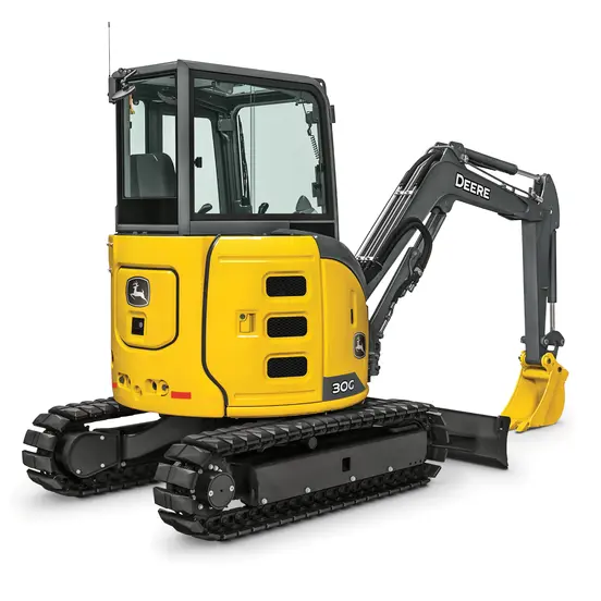 Yellow and black John Deere mini excavator