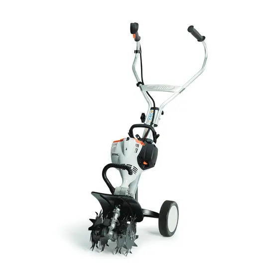 White and silver and black STIHL Hand-held Tiller, Two-cycle Engine