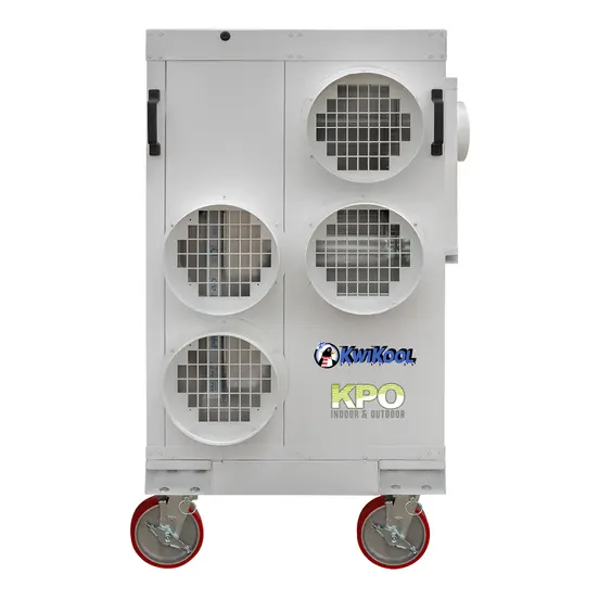 White Kwikool 12-ton electric portable air conditioner on four wheels