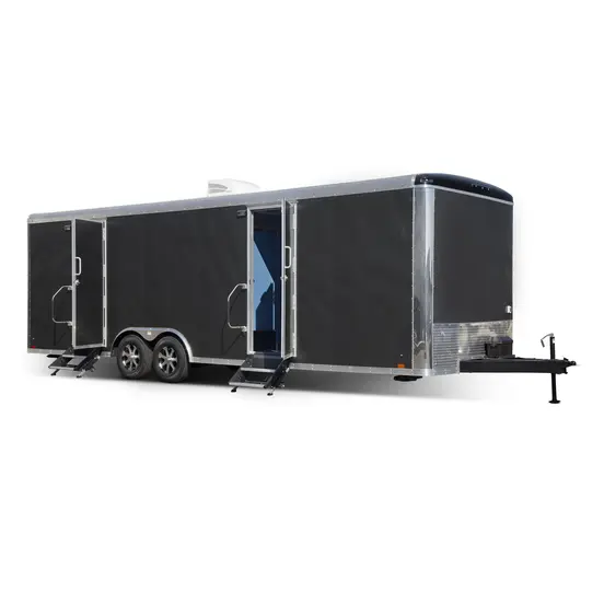 Black Satellite 15-station restroom trailer with doors open