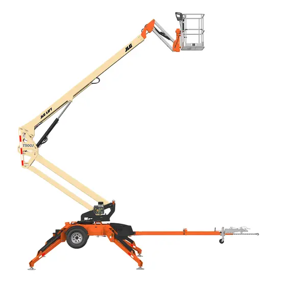 Beige and orange electric towable boom lift
