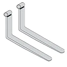 Front view of a grey forklift fork attachment with two metal forks extended.